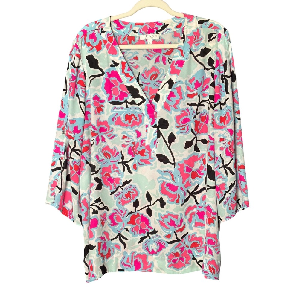 Chaus Women Botanical Pink Blue Floral Split Sleeve‎ V-Neck Top XL
